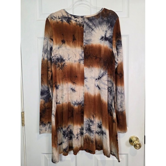 Natural Life Size L Tie Dye Long Sleeve Dress Rayon Spandex Brown Blue NWT - Picture 2 of 9